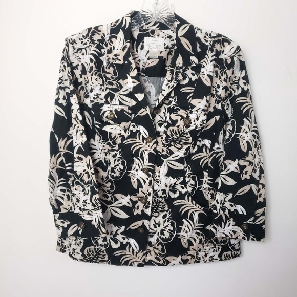 Christopher & Banks Women's Black Button Down White Tan Floral Jacket Coat - Picture 10 of 10